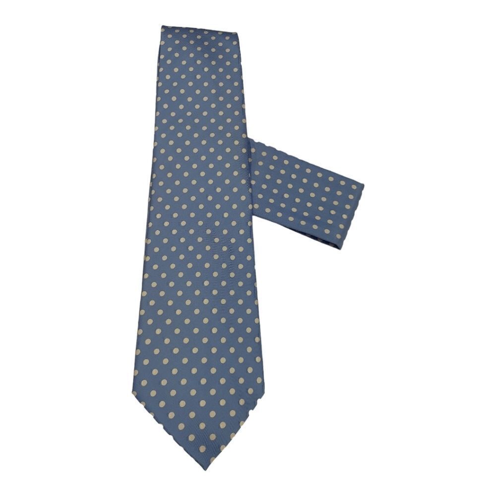 FORTINO LANDI TIE & POCKET SQUARE SET. LIGHT BLUE & WHITE POLKA DOT POLY WOVEN.